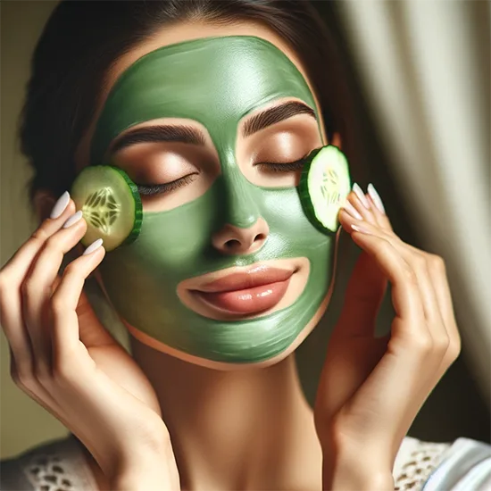 a woman applying a cucumber face mask