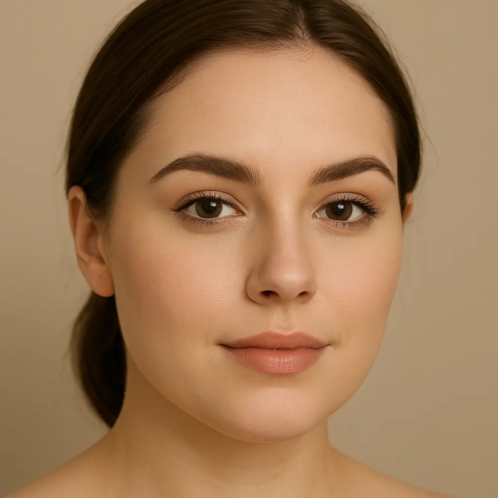 Soft arched eyebrows to balance wide cheekbones in a diamond face